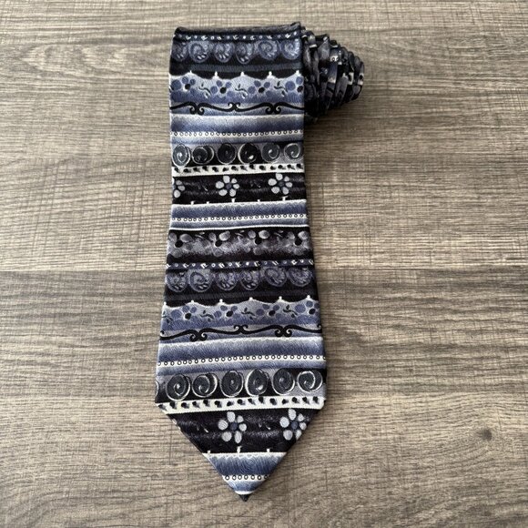 J. GARCIA 100% Silk Neck Tie Black Blue Grey Floral Geometric Made in USA - Picture 2 of 8